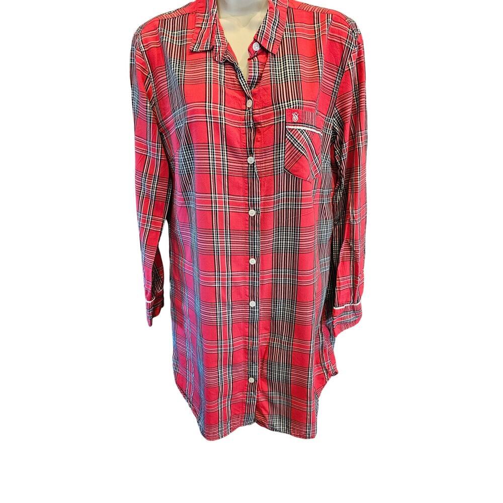 Victorias secret M red metallic plaid long sleeve flannel button up pajama dress